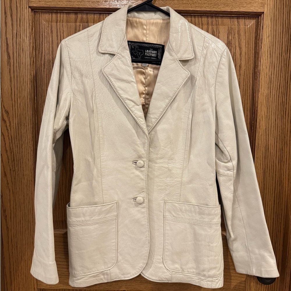 Vintage The Leather Factory Cream Genuine Leather Blazer Jacket Women’s 9/10